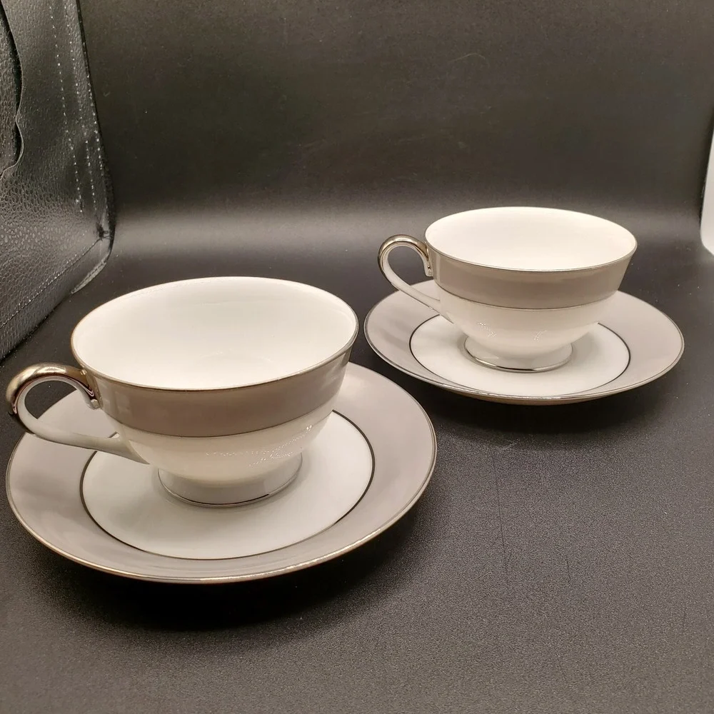 Platina by Sango Mid Century Vintage 2  Cups 2 Saucers Gray White with Platinum